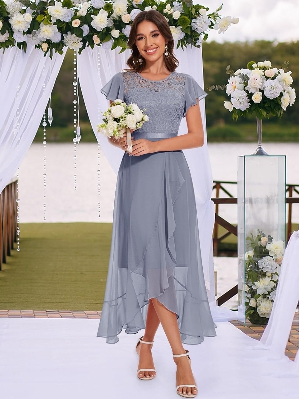 BeryLove - Gray wedding guest with slit lace prom dress| Xs
